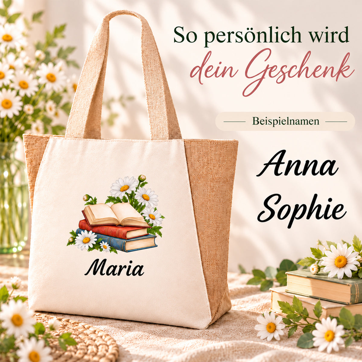 Personalisierter Shopper mit Bücher und Margeriten und Wunschname unter dem Motiv