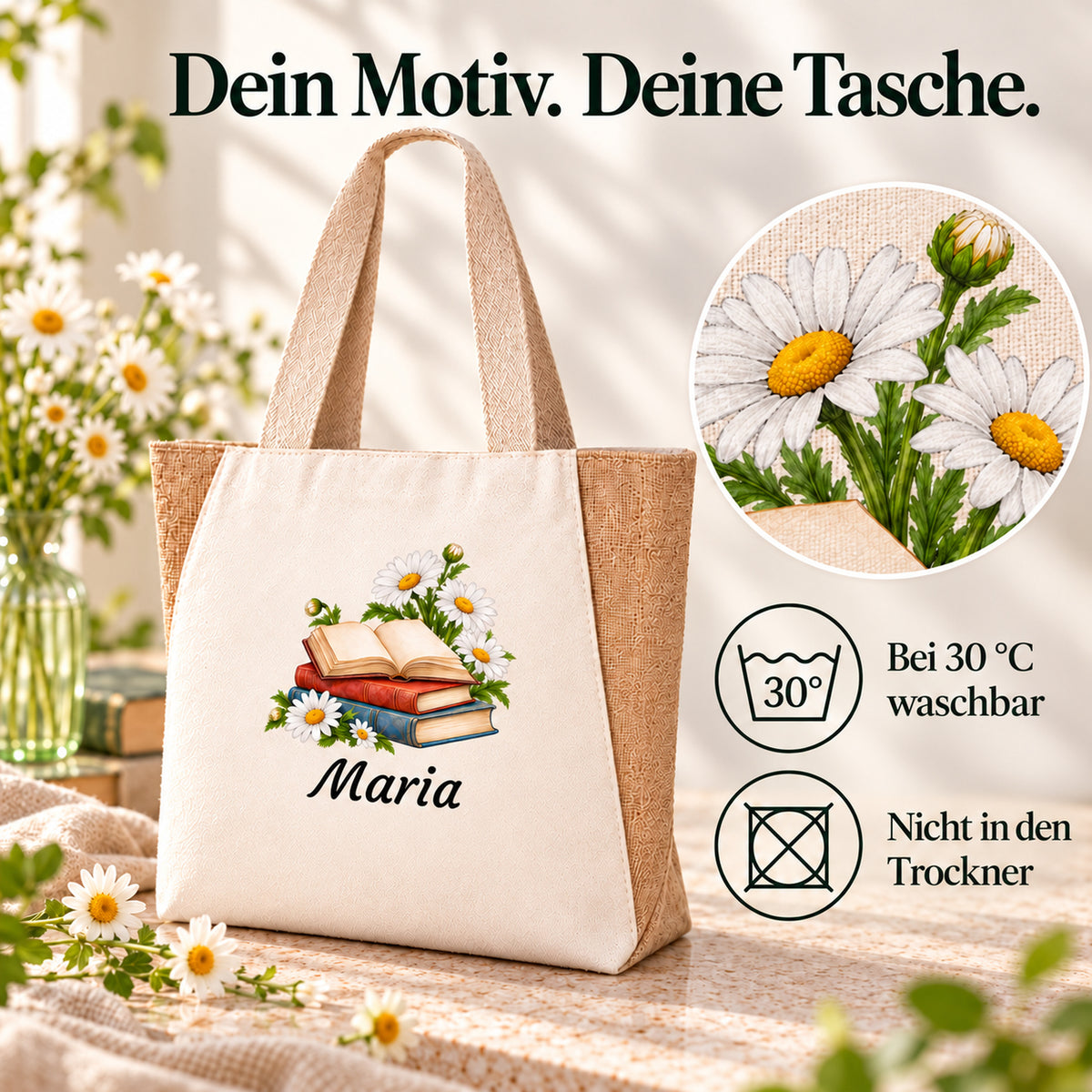 Detail des Bücher-Blumen-Motivs Bücher und Margeriten und Pflegehinweise zur Tasche