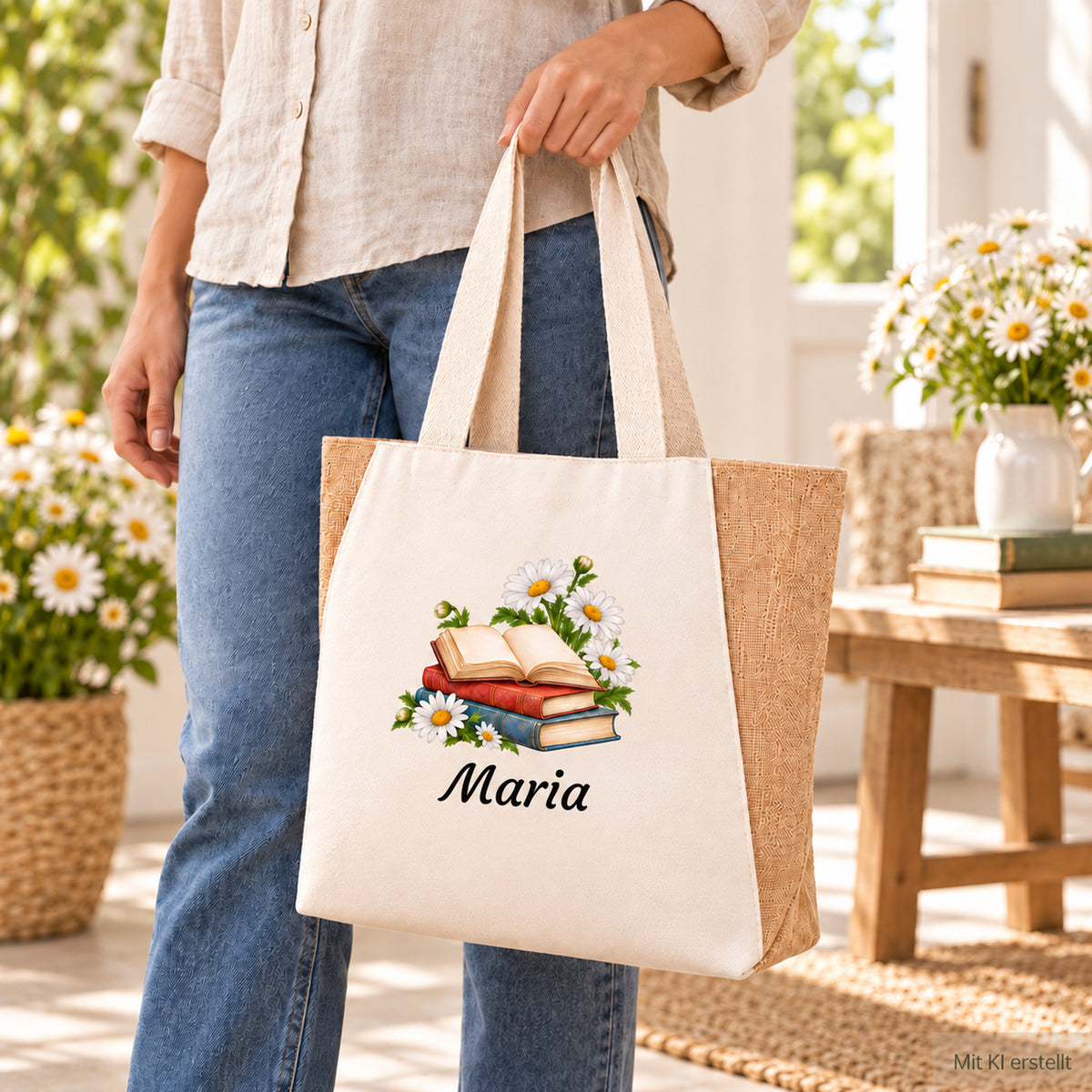 Shopper mit Bücher und Margeriten und Wunschname über der Schulter getragen