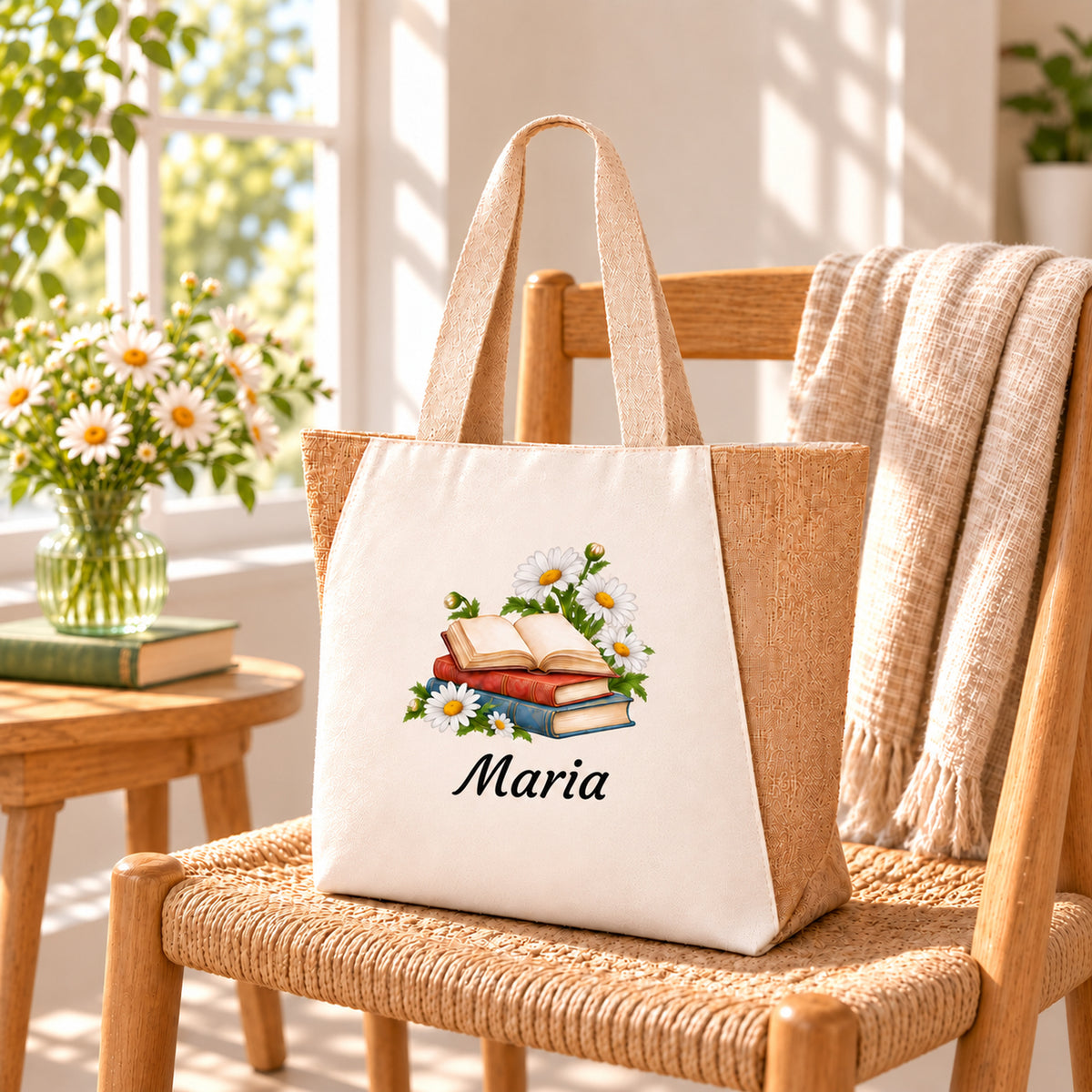Tasche mit Bücher und Margeriten und Wunschname in wohnlicher Umgebung