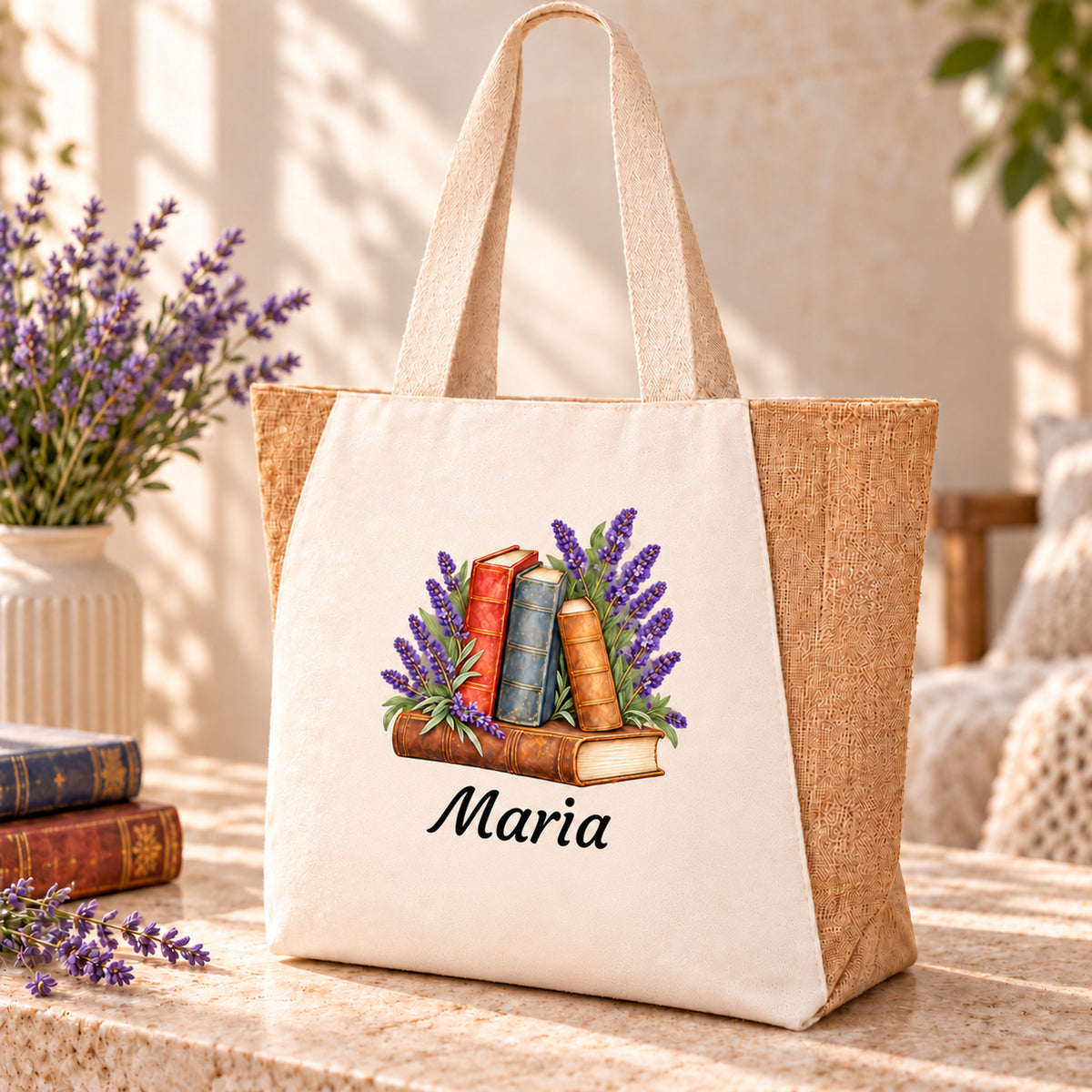 Naturfarbener Shopper mit Wunschname und Bücher und Lavendel auf der Vorderseite