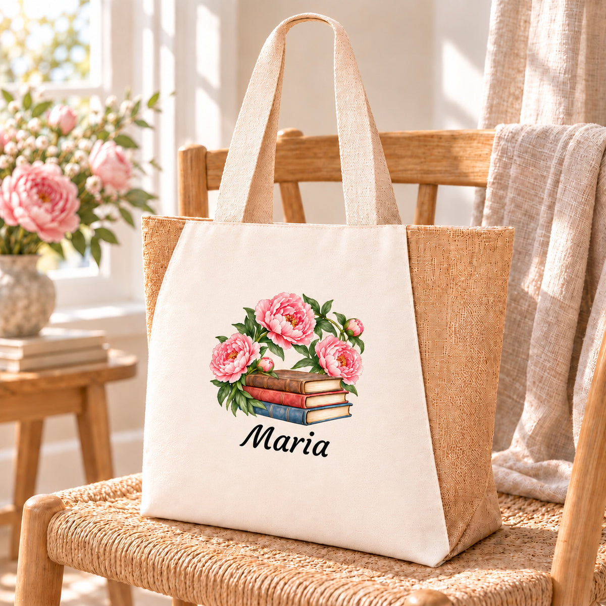 Tasche mit Bücher und Pfingstrosen und Wunschname in wohnlicher Umgebung