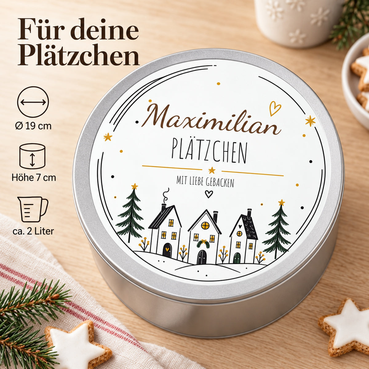 Keksdose Winterdorf mit Maßangaben: 19 cm Durchmesser, 7 cm Höhe und ungefähr 2 Liter Fassungsvermögen.