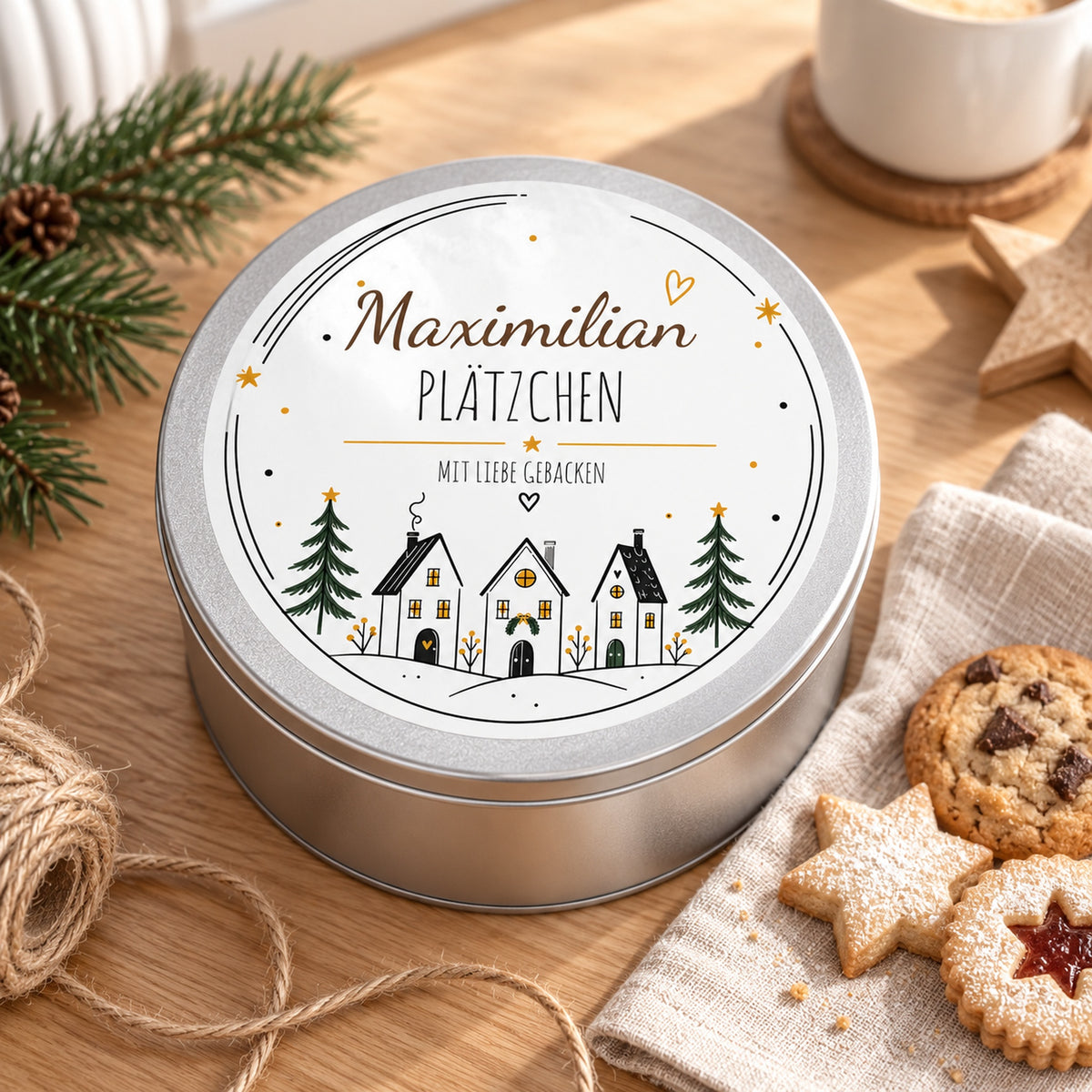 Keksdose Winterdorf in einer Geschenkszene auf dem Tisch mit Gebäck und Leinen.