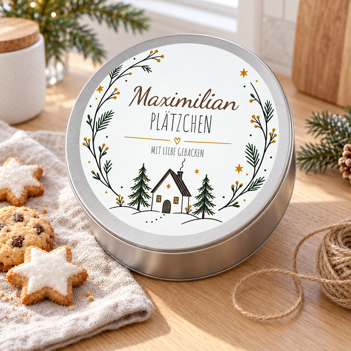 Keksdose Nordisches Haus in einer Geschenkszene auf dem Tisch mit Gebäck und Leinen.