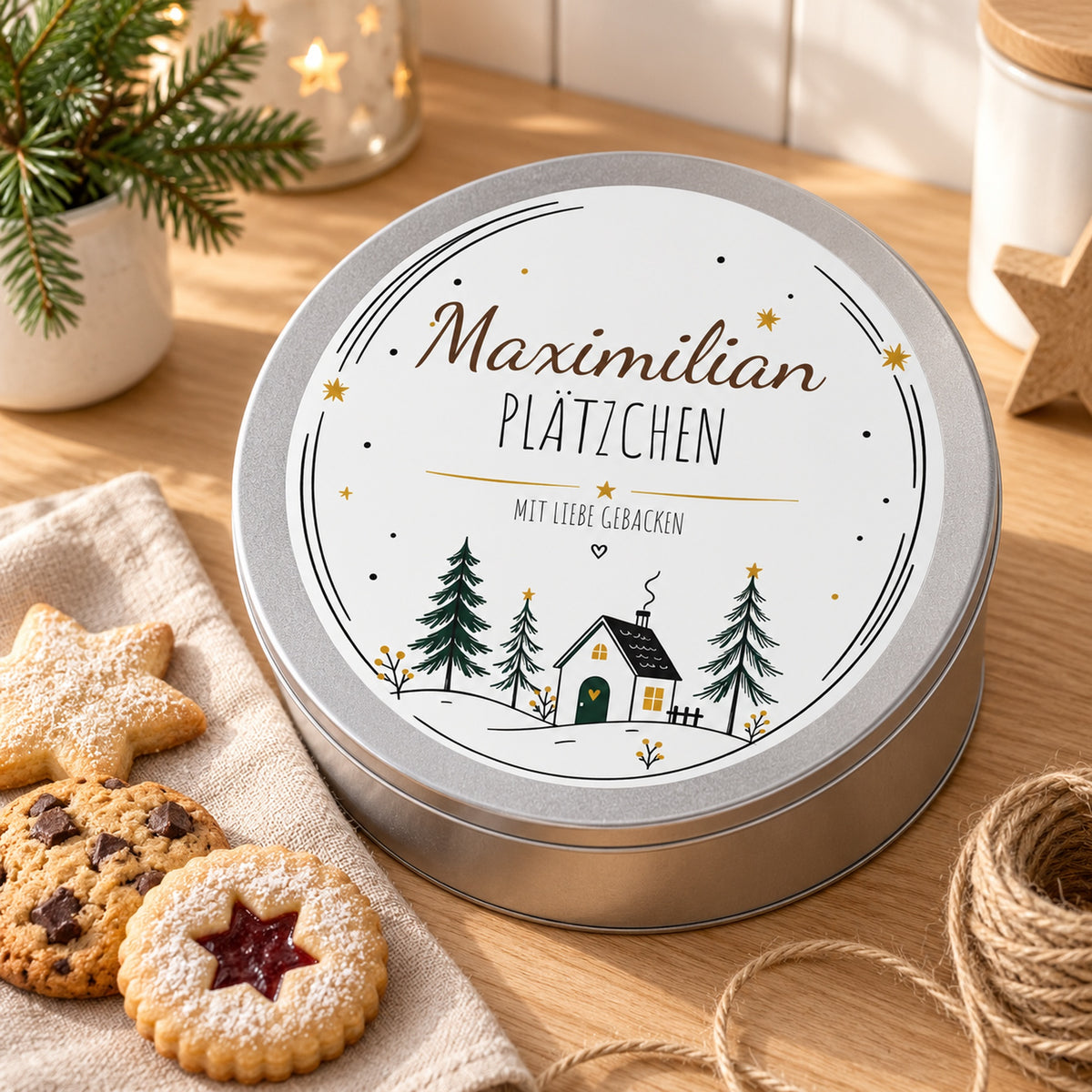 Keksdose Waldhäuschen in einer Geschenkszene auf dem Tisch mit Gebäck und Leinen.