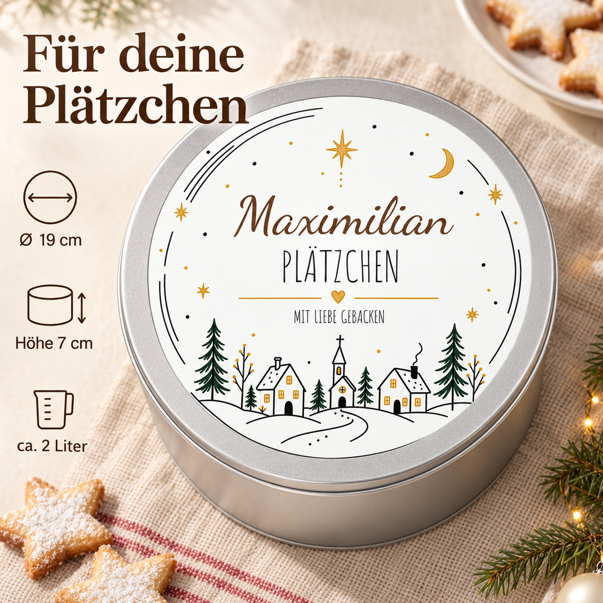 Keksdose Sternendorf mit Maßangaben: 19 cm Durchmesser, 7 cm Höhe und ungefähr 2 Liter Fassungsvermögen.