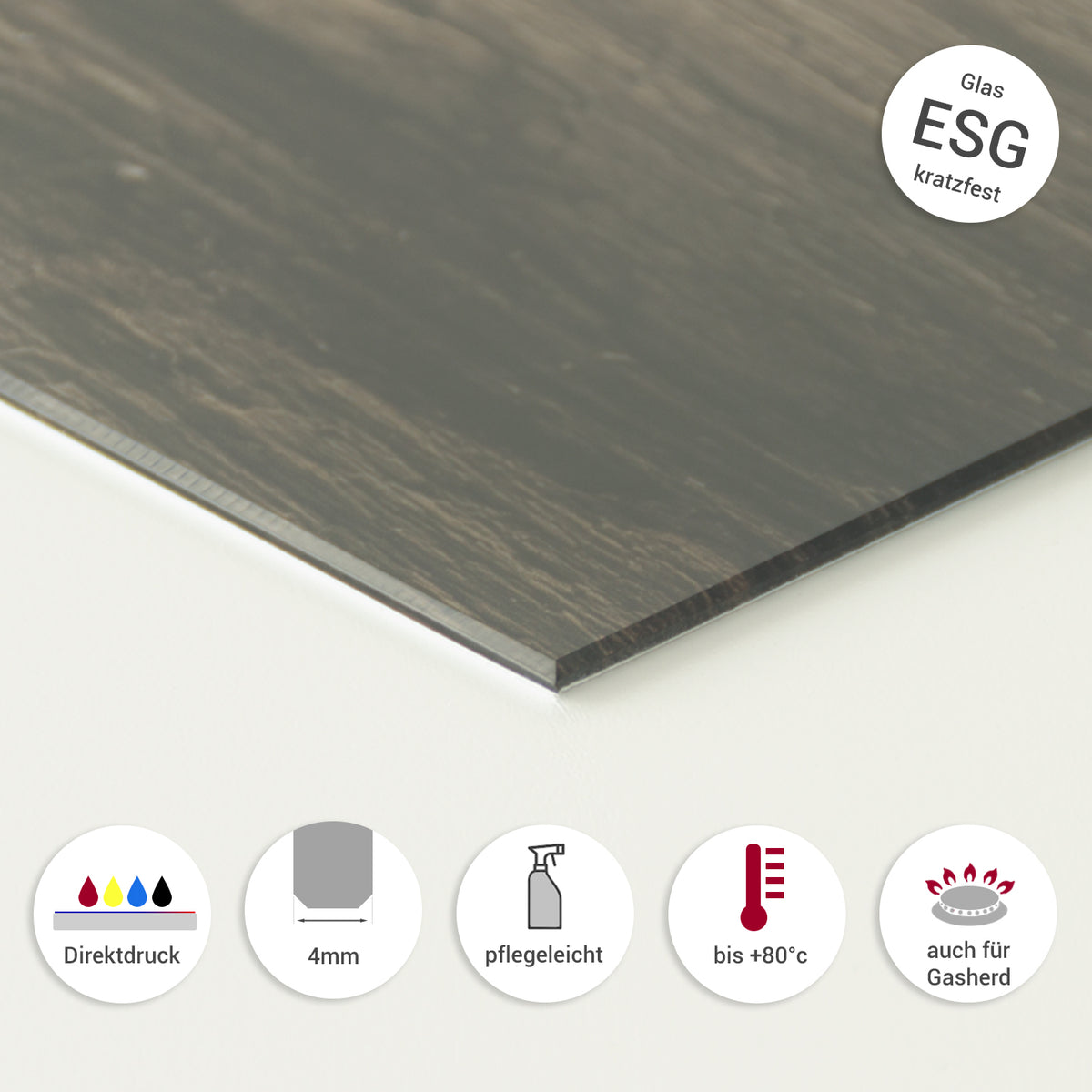 Glasplatte ESG, kratzfest, 4mm, pflegeleicht, bis 80°C.