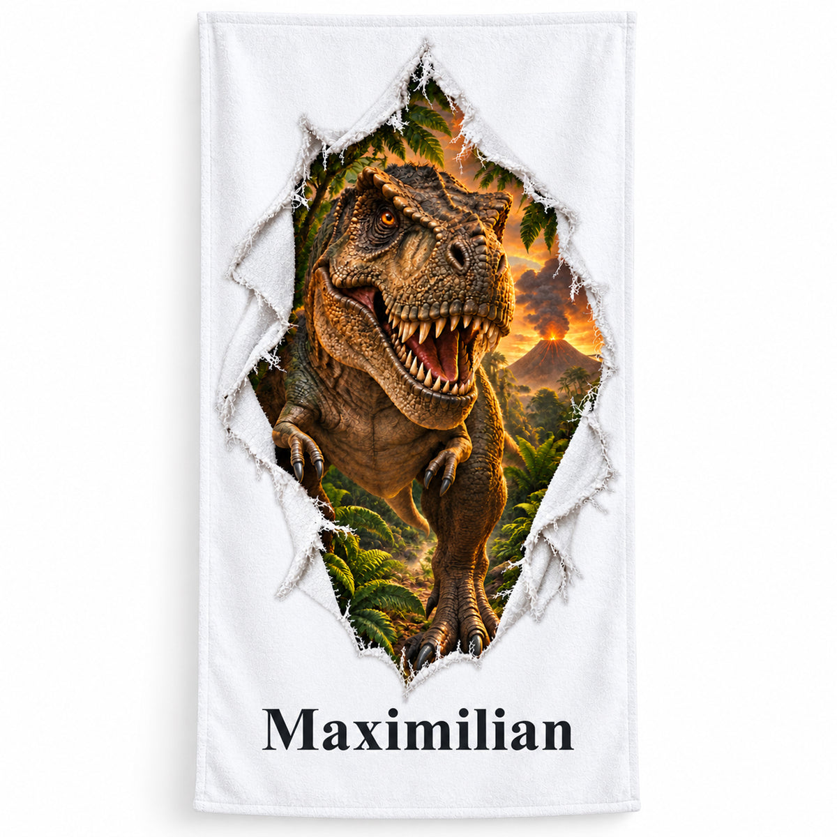 Weißes personalisiertes Handtuch mit T-Rex-Motiv im Stoffriss-Design freigestellt vor weißem Hintergrund.