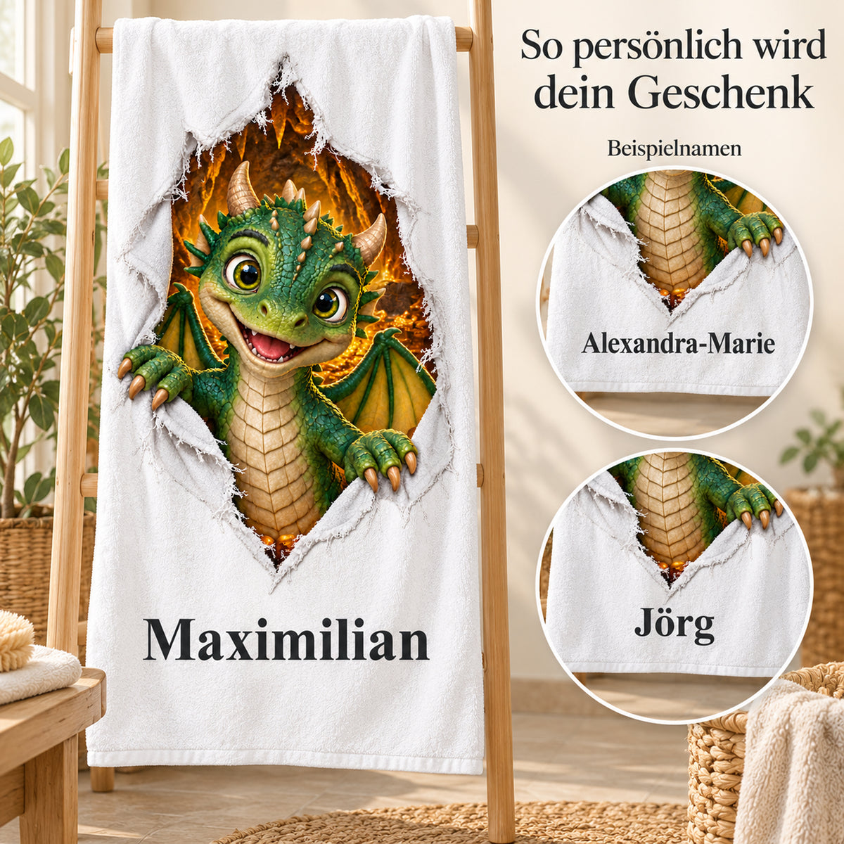 Weißes personalisiertes Handtuch mit Drachenbaby-Motiv im Stoffriss-Design mit verschiedenen Beispielnamen.