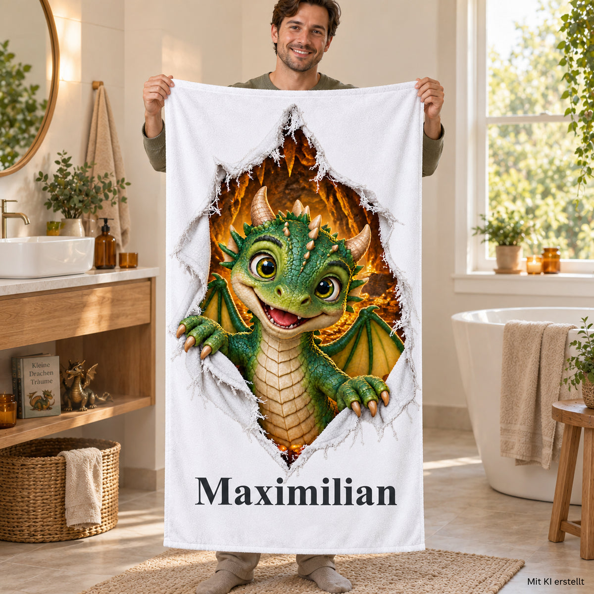 Weißes Handtuch mit Drachenbaby-Motiv im Stoffriss-Design und Wunschname, von einem erwachsenen Mann im Badezimmer gehalten.