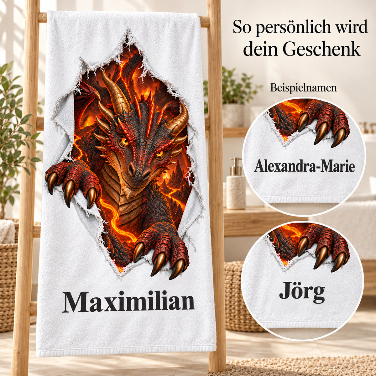 Weißes personalisiertes Handtuch mit Feuerdrache-Motiv im Stoffriss-Design mit verschiedenen Beispielnamen.