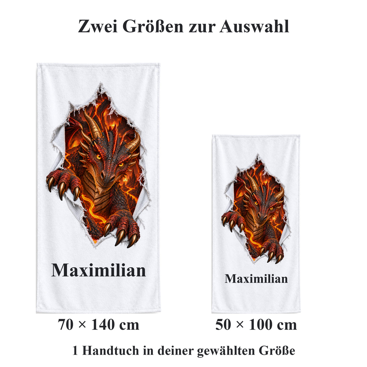 Weißes personalisiertes Handtuch mit Feuerdrache-Motiv im Stoffriss-Design im Vergleich der zwei wählbaren Größen.