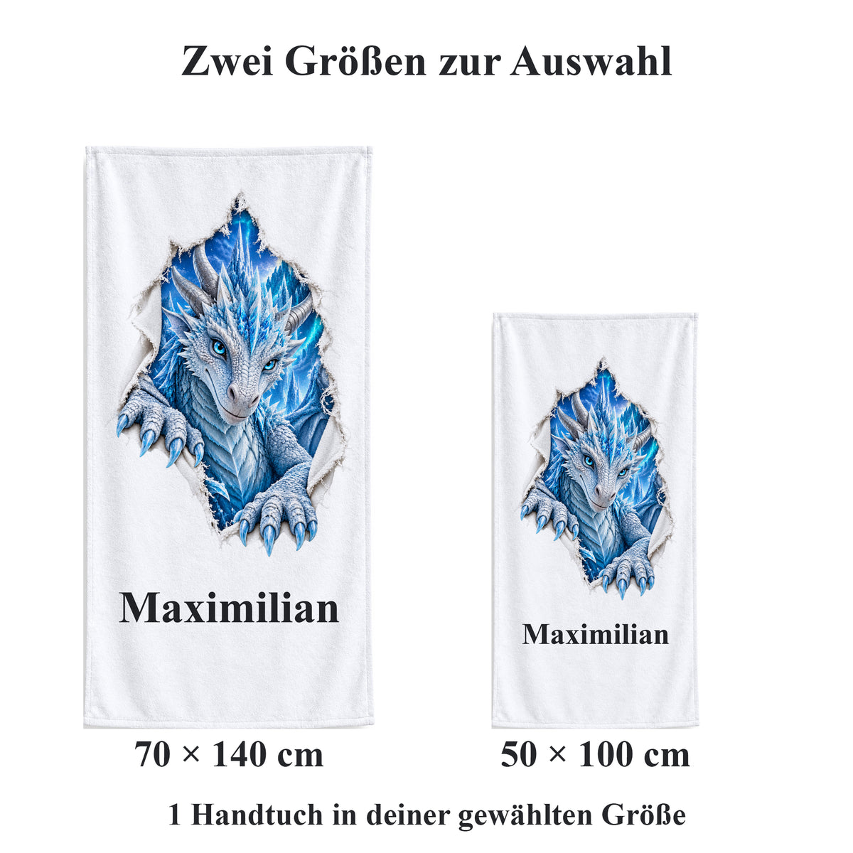Weißes personalisiertes Handtuch mit Eisdrache-Motiv im Stoffriss-Design im Vergleich der zwei wählbaren Größen.