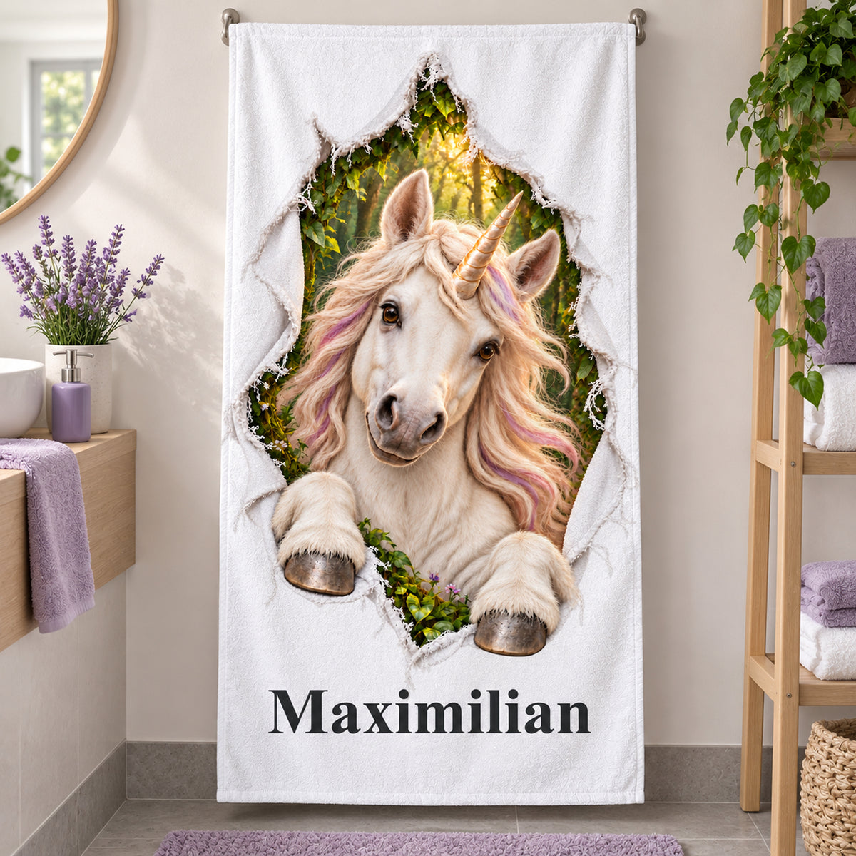 Weißes personalisiertes Handtuch mit Einhorn-Motiv im Stoffriss-Design an einer Badezimmerwand.