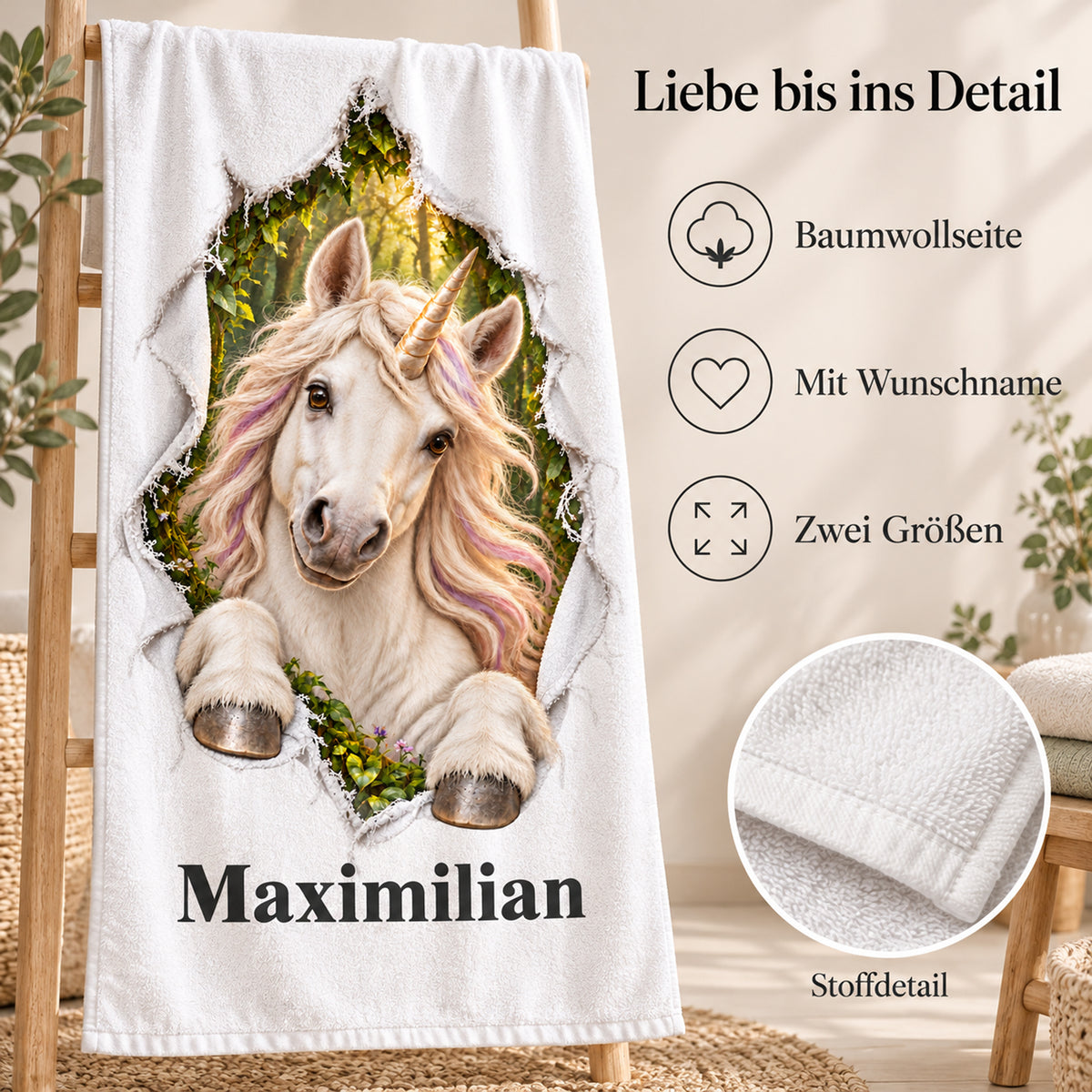 Weißes personalisiertes Handtuch mit Einhorn-Motiv im Stoffriss-Design mit Materialdetail und Informationen zur Personalisierung.