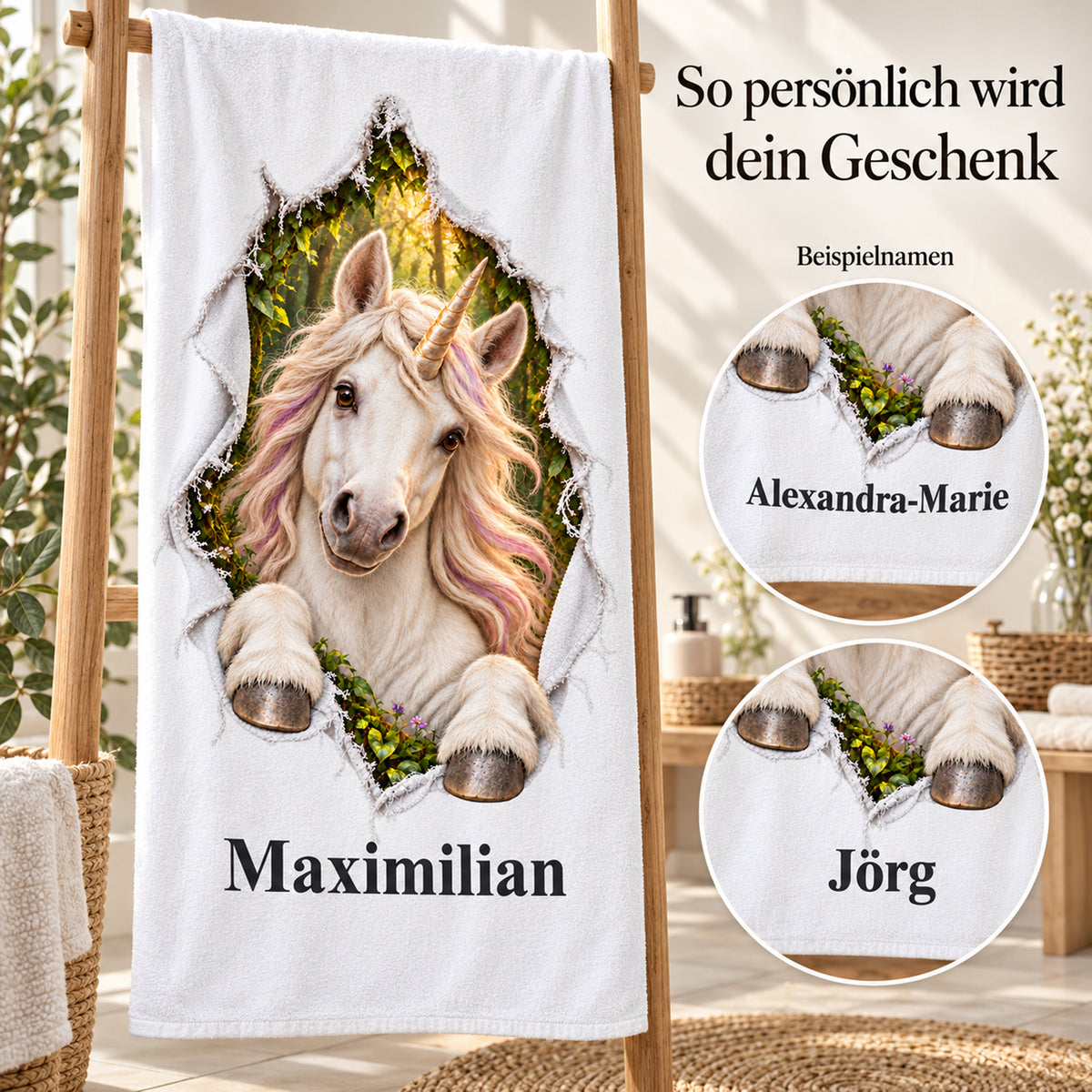 Weißes personalisiertes Handtuch mit Einhorn-Motiv im Stoffriss-Design mit verschiedenen Beispielnamen.