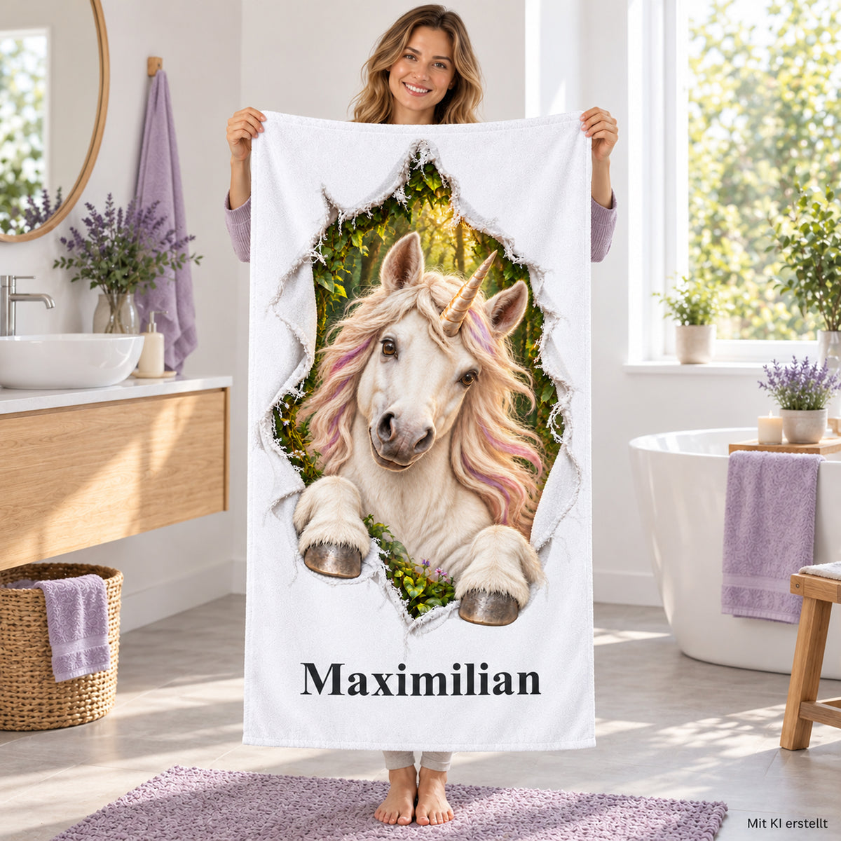 Weißes Handtuch mit Einhorn-Motiv im Stoffriss-Design und Wunschname, von einer erwachsenen Frau im Badezimmer gehalten.