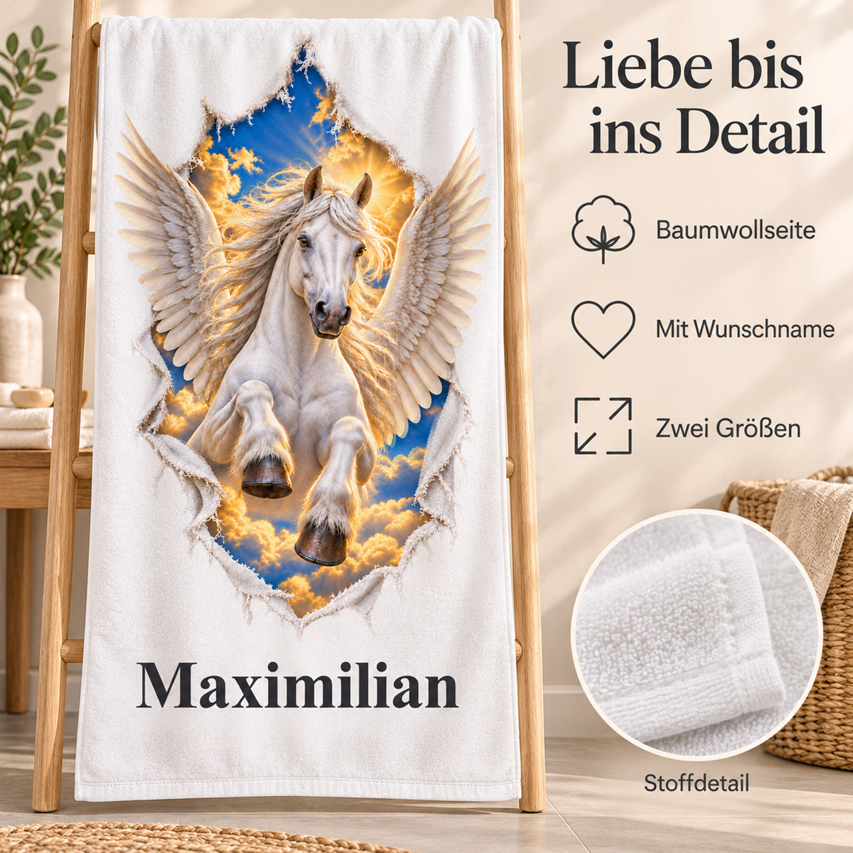 Weißes personalisiertes Handtuch mit Pegasus-Motiv im Stoffriss-Design mit Materialdetail und Informationen zur Personalisierung.