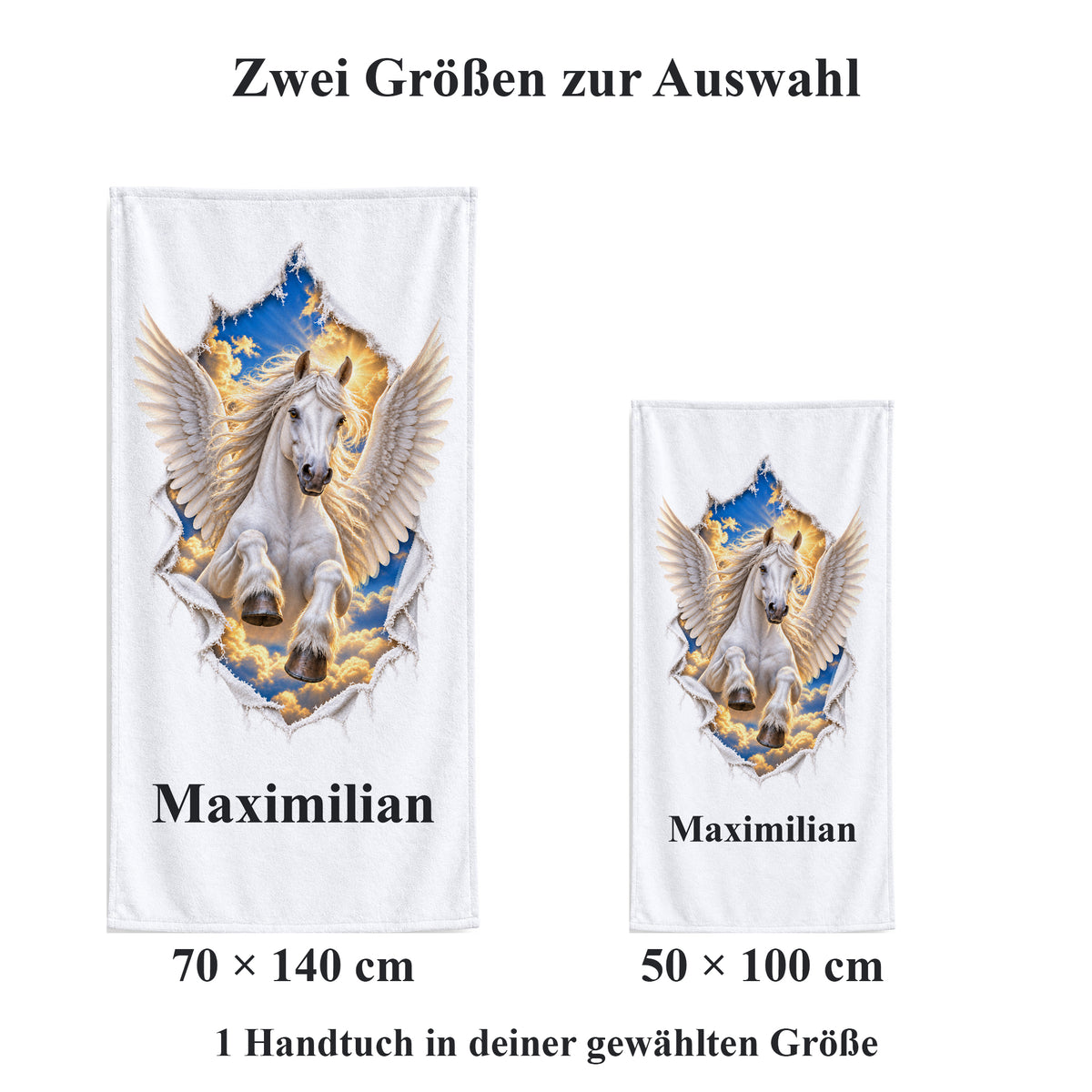 Weißes personalisiertes Handtuch mit Pegasus-Motiv im Stoffriss-Design im Vergleich der zwei wählbaren Größen.