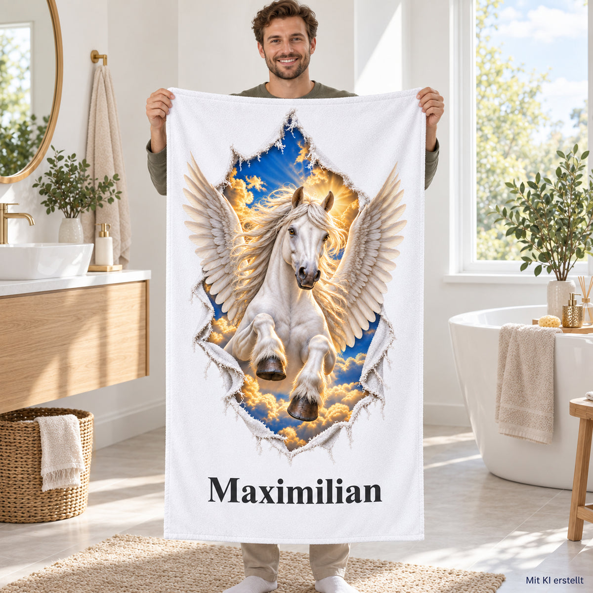 Weißes Handtuch mit Pegasus-Motiv im Stoffriss-Design und Wunschname, von einem erwachsenen Mann im Badezimmer gehalten.