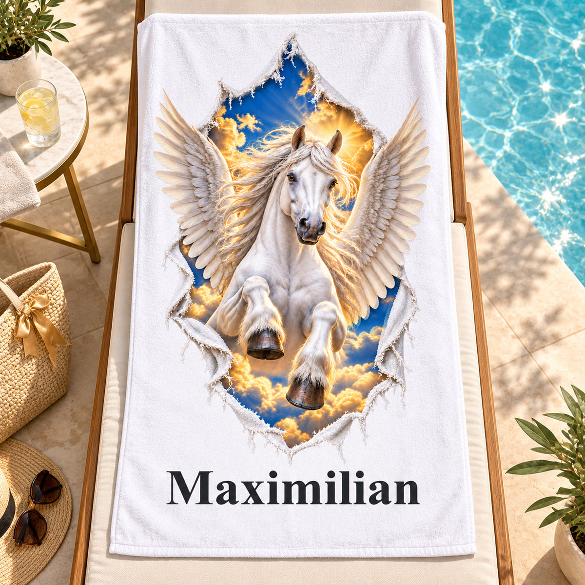 Weißes personalisiertes Handtuch mit Pegasus-Motiv im Stoffriss-Design auf einer Liege am Pool mit heller Tasche und goldfarbenen Details.