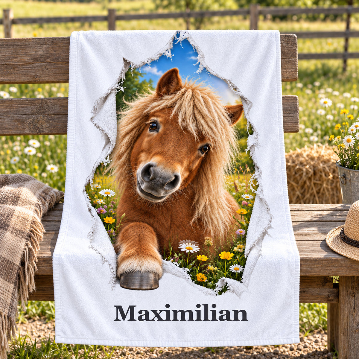 Personalisiertes Handtuch mit Shetlandpony auf einer Holzbank am Reitstall