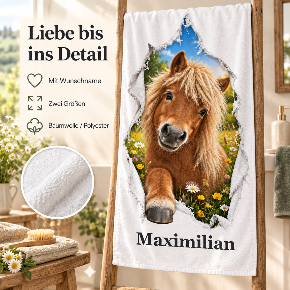 Handtuch mit Shetlandpony, Wunschname und Angaben zu zwei Größen und Material