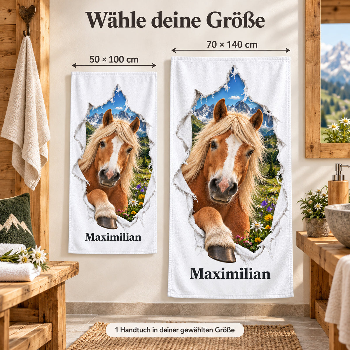 Handtuch mit Haflinger in den Größen 50 × 100 cm und 70 × 140 cm