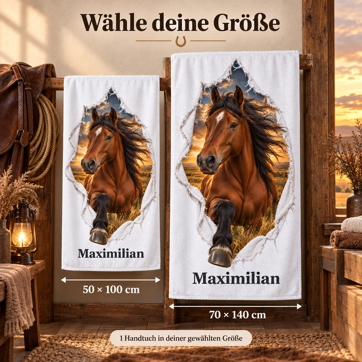 Handtuch mit Mustang in den Größen 50 × 100 cm und 70 × 140 cm