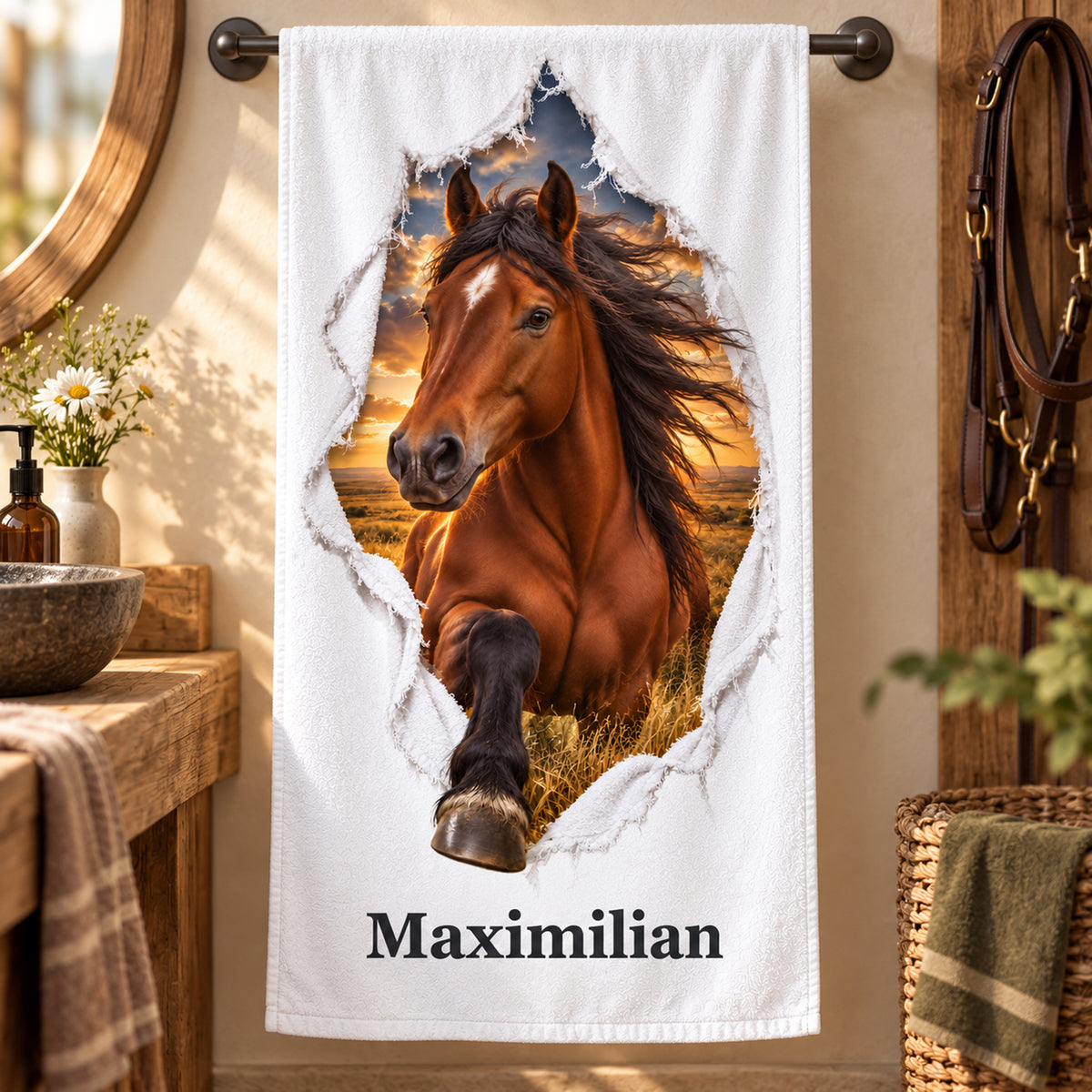 Pferde-Handtuch mit Mustang und Wunschname am Handtuchhalter
