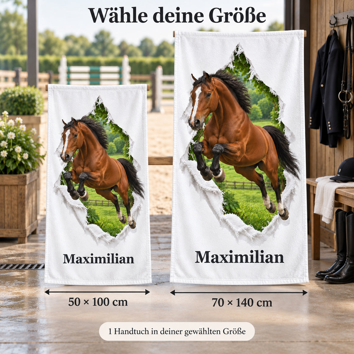 Handtuch mit Springpferd in den Größen 50 × 100 cm und 70 × 140 cm