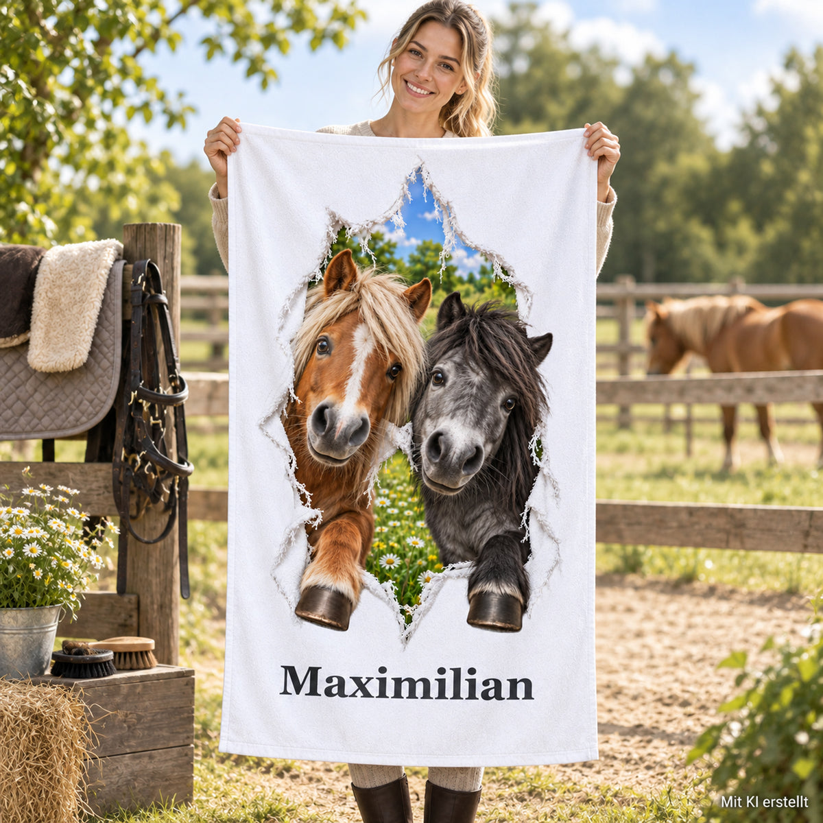 Person hält ein personalisiertes Pferde-Handtuch mit zwei Ponys in einer Reitszene
