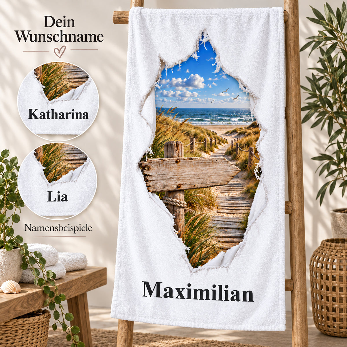 Handtuch mit Nordsee-Dünenweg in Rissoptik und Wunschname, mit kreisförmigen Namensdetails