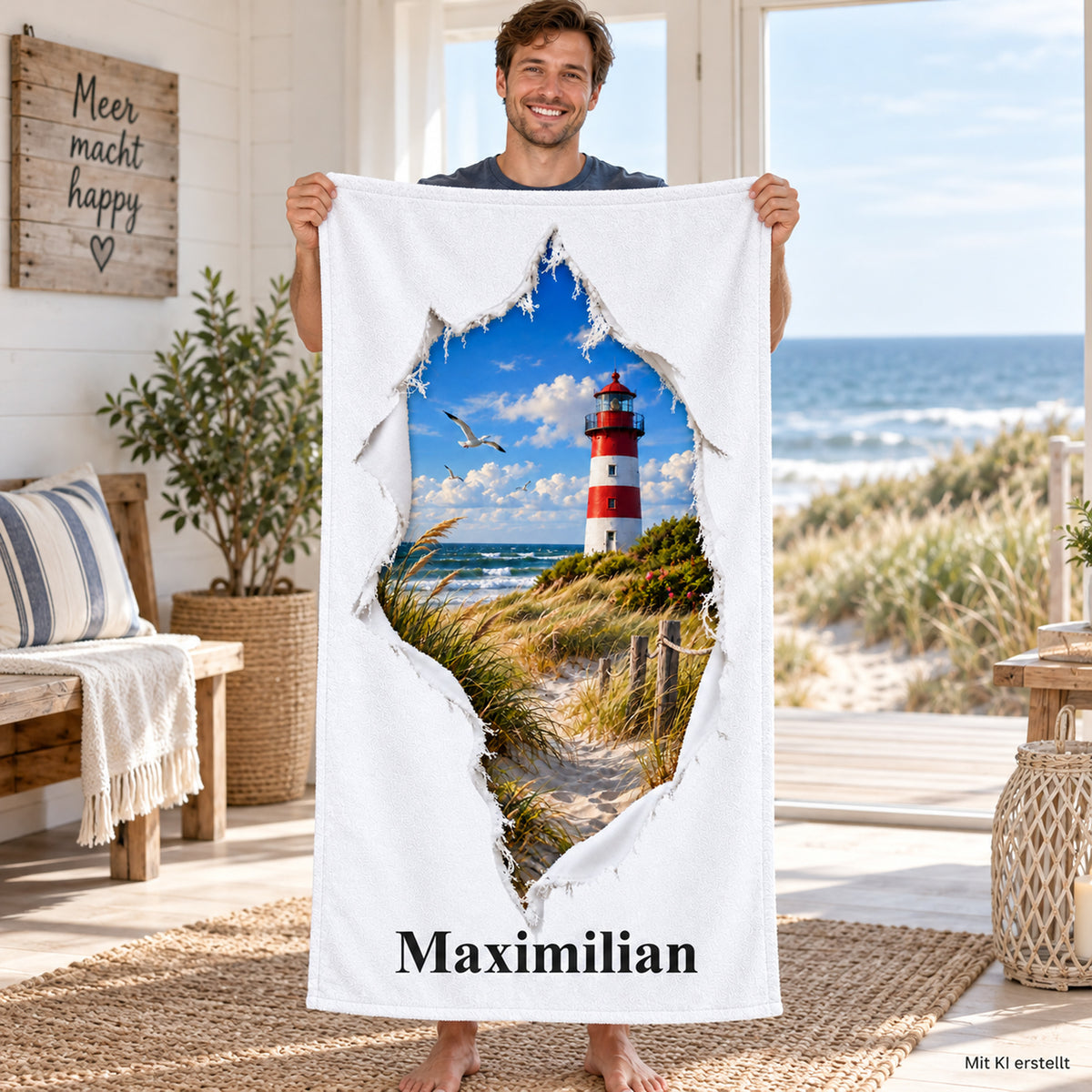 Handtuch mit Ostsee-Leuchtturm in Rissoptik und Wunschname, von einer Person im Urlaub gezeigt