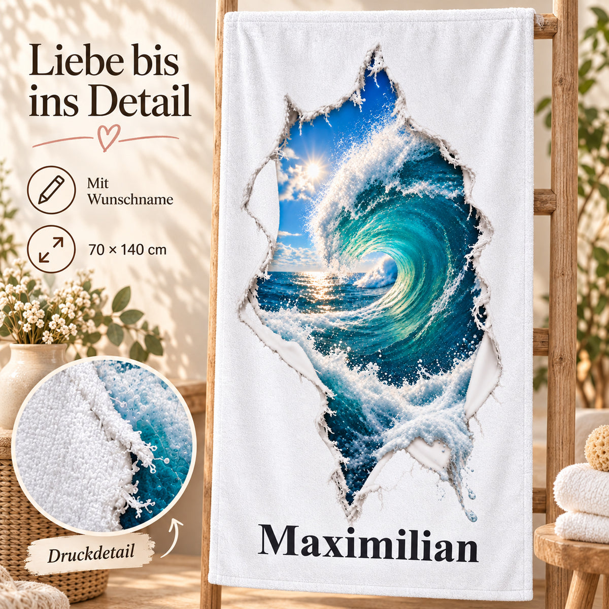 Handtuch mit Surfwelle in Rissoptik und Wunschname, mit Druckdetail und Größenangabe