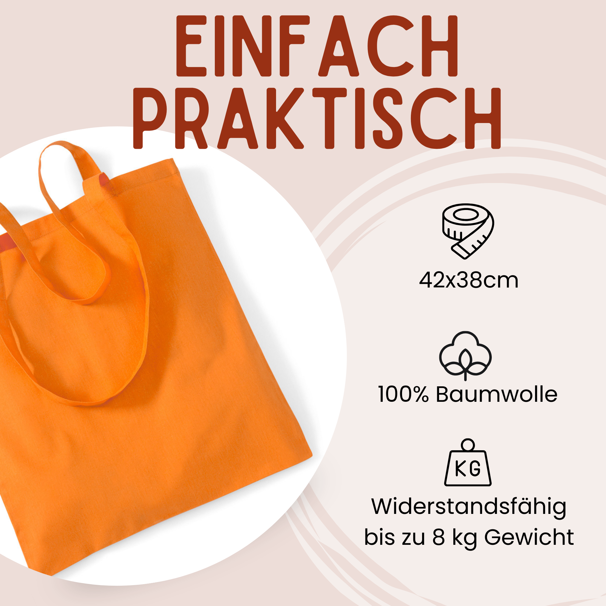 Orangene Baumwolltasche, 42x38 cm, bis 8 kg belastbar.