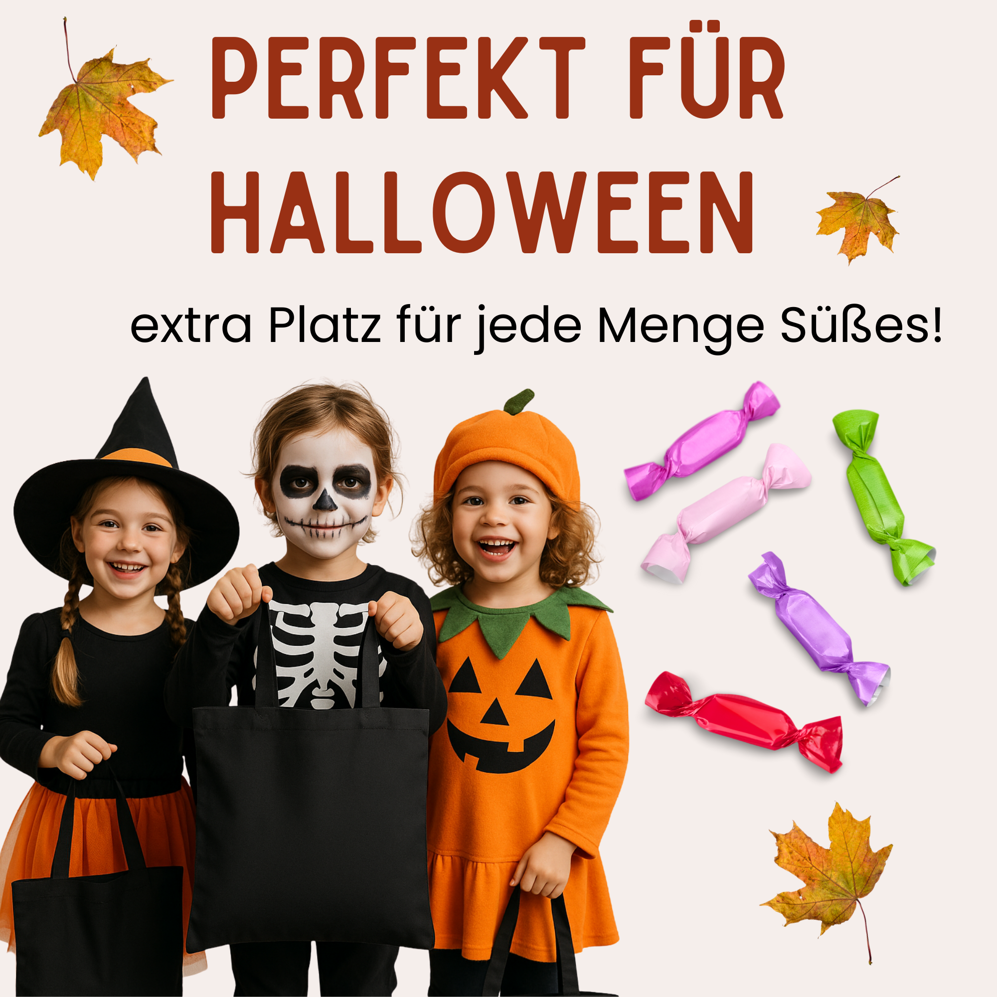 Halloween-Kinder in Kostümen mit Süßigkeiten und Tasche.