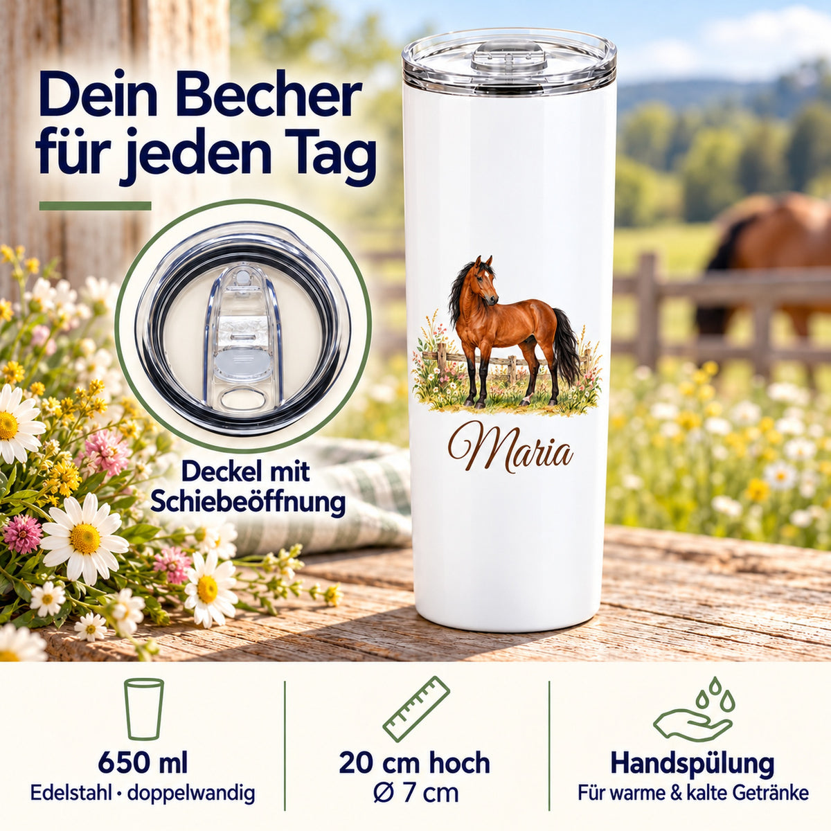 Weißer Thermobecher mit einem braunen Pferd am Koppelzaun und Wunschname mit Detailansicht des Schiebedeckels und Angaben zu Füllmenge, Maßen und Handspülung.