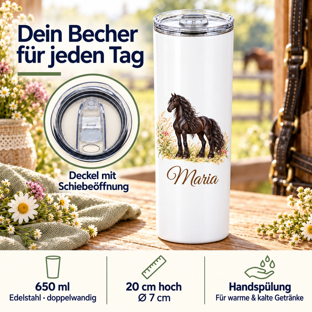 Weißer Thermobecher mit einem schwarzen Friesen und Wunschname mit Detailansicht des Schiebedeckels und Angaben zu Füllmenge, Maßen und Handspülung.