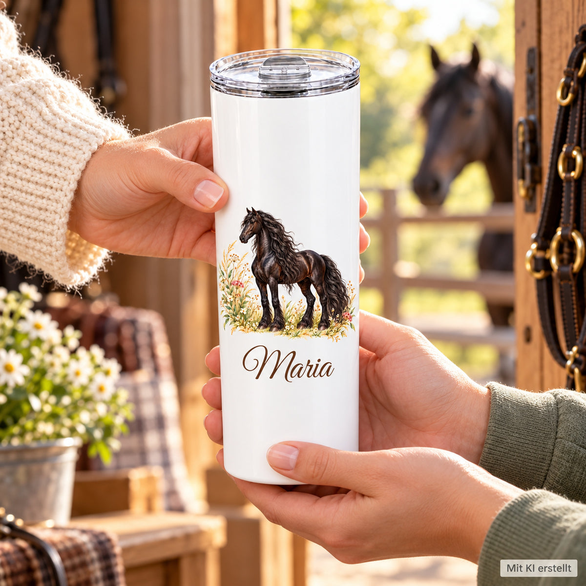 Weißer Thermobecher mit einem schwarzen Friesen und Wunschname in der Hand vor einer Pferdekoppel.