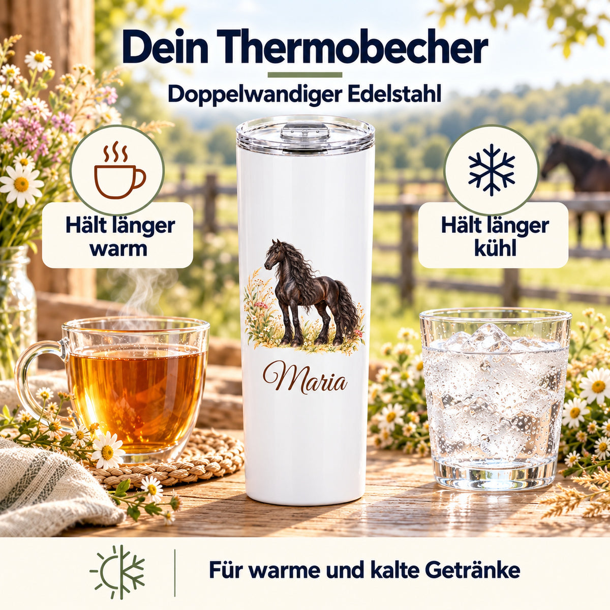 Weißer Thermobecher mit einem schwarzen Friesen und Wunschname neben einem warmen Getränk und einem Glas mit Eis zur Darstellung der Thermofunktion.