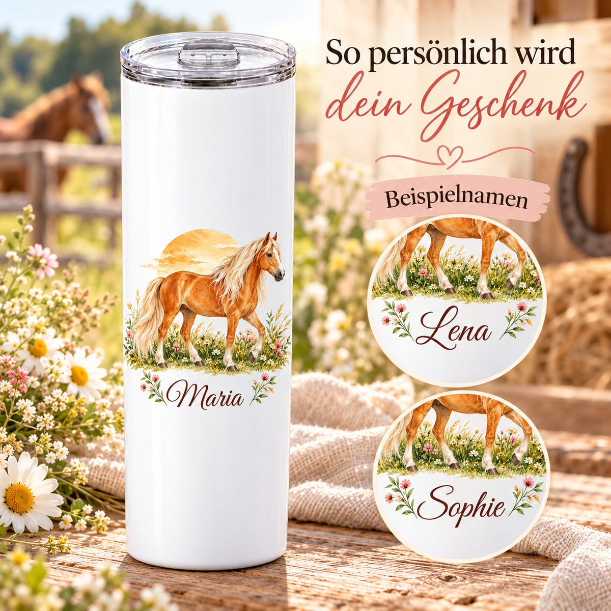 Weißer Thermobecher mit einem Haflinger vor einem Sonnenbogen und Wunschname mit zwei Detailausschnitten als Beispiele für die Namensgestaltung.