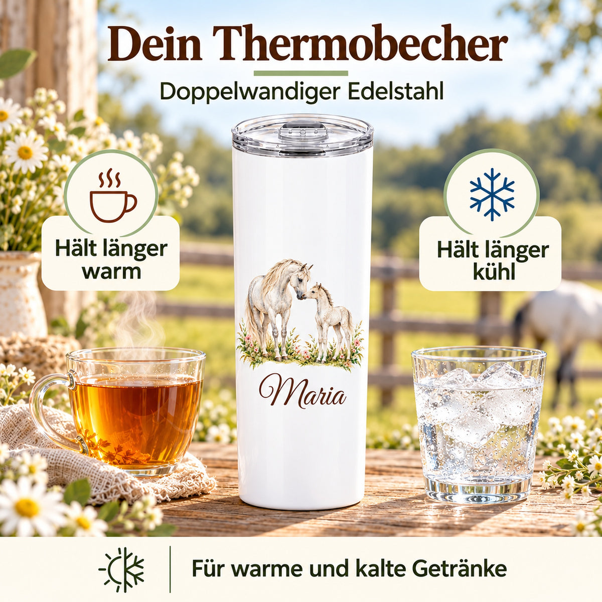 Weißer Thermobecher mit einer Schimmelstute mit Fohlen und Wunschname neben einem warmen Getränk und einem Glas mit Eis zur Darstellung der Thermofunktion.