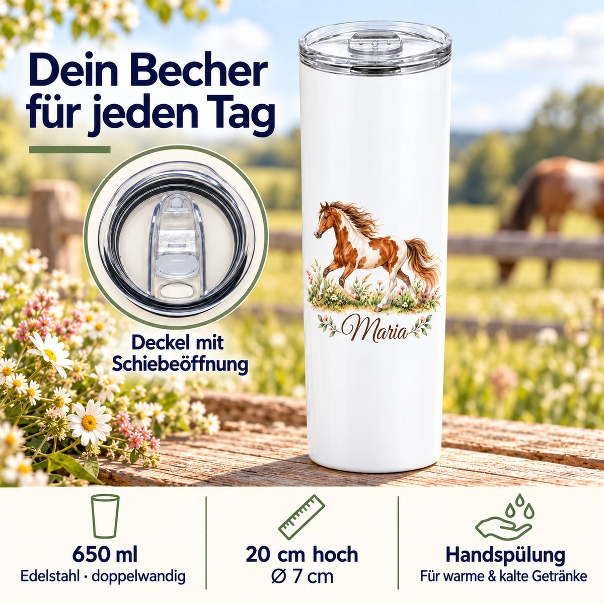 Weißer Thermobecher mit einem galoppierenden Schecken und Wunschname mit Detailansicht des Schiebedeckels und Angaben zu Füllmenge, Maßen und Handspülung.