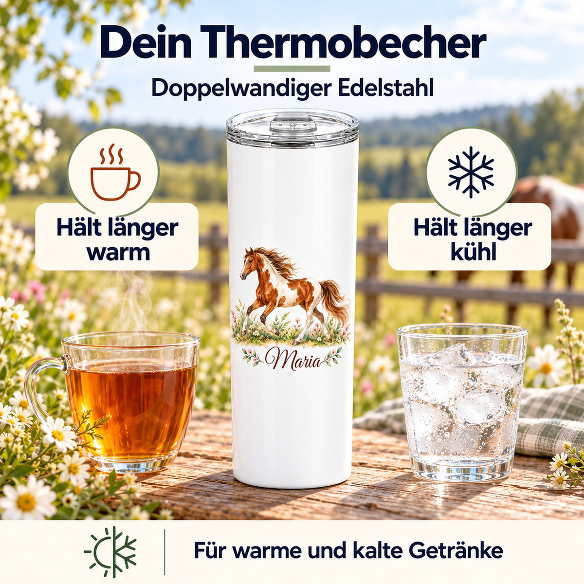 Weißer Thermobecher mit einem galoppierenden Schecken und Wunschname neben einem warmen Getränk und einem Glas mit Eis zur Darstellung der Thermofunktion.