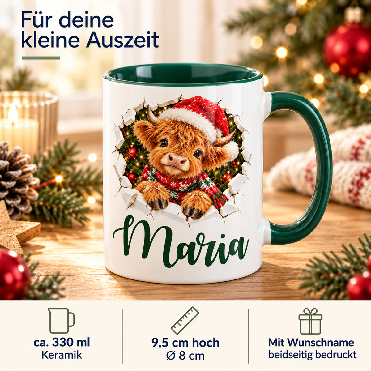 Produktdetails der personalisierten Keramiktasse mit Hochlandrind-Motiv, grünem Henkel und ca. 330 ml Inhalt