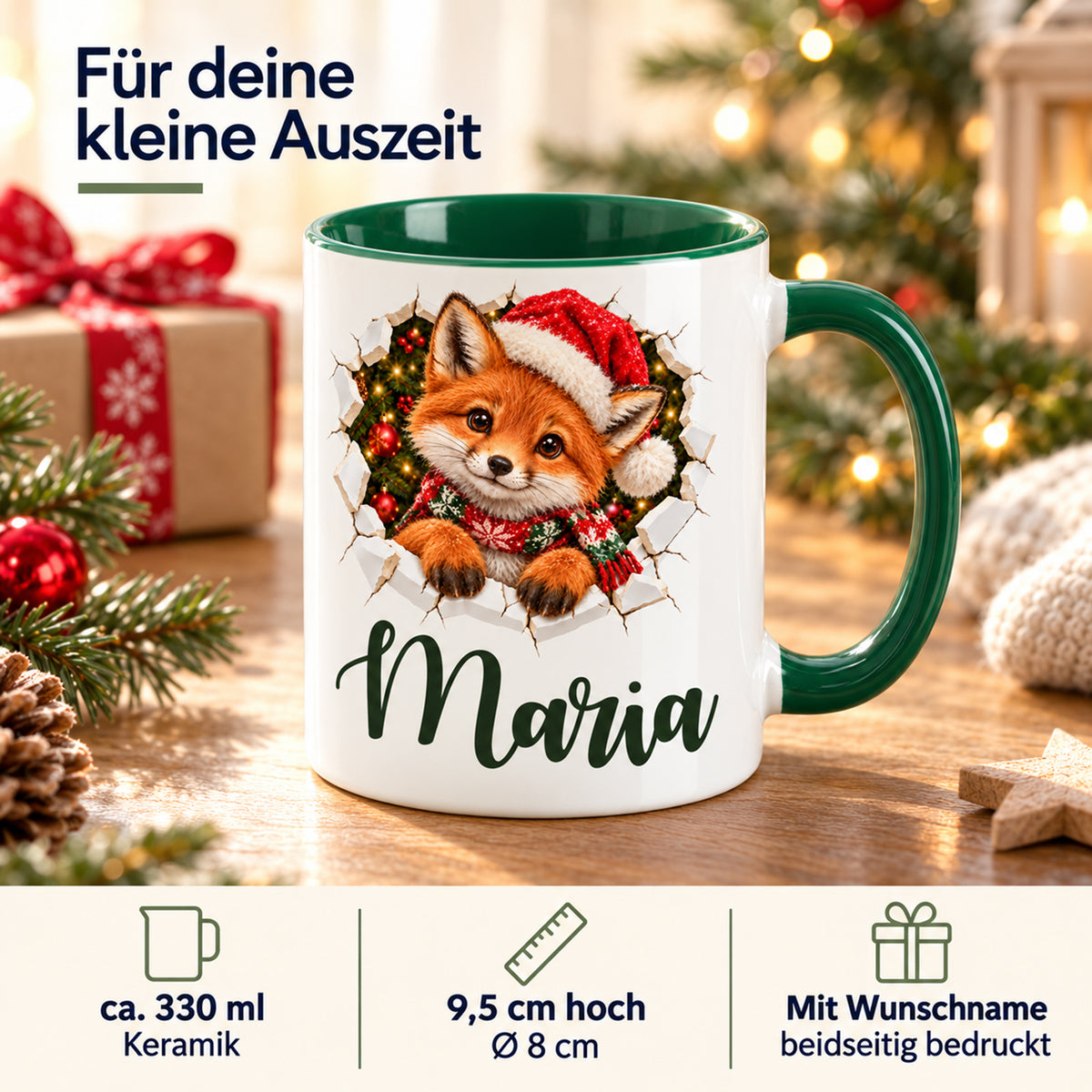 Produktdetails der personalisierten Keramiktasse mit Fuchs-Motiv, grünem Henkel und ca. 330 ml Inhalt