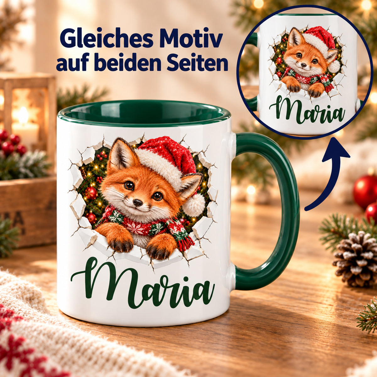 Zwei Ansichten der Tasse zeigen auf beiden Seiten dasselbe weihnachtliche Fuchs-Motiv und denselben Wunschnamen