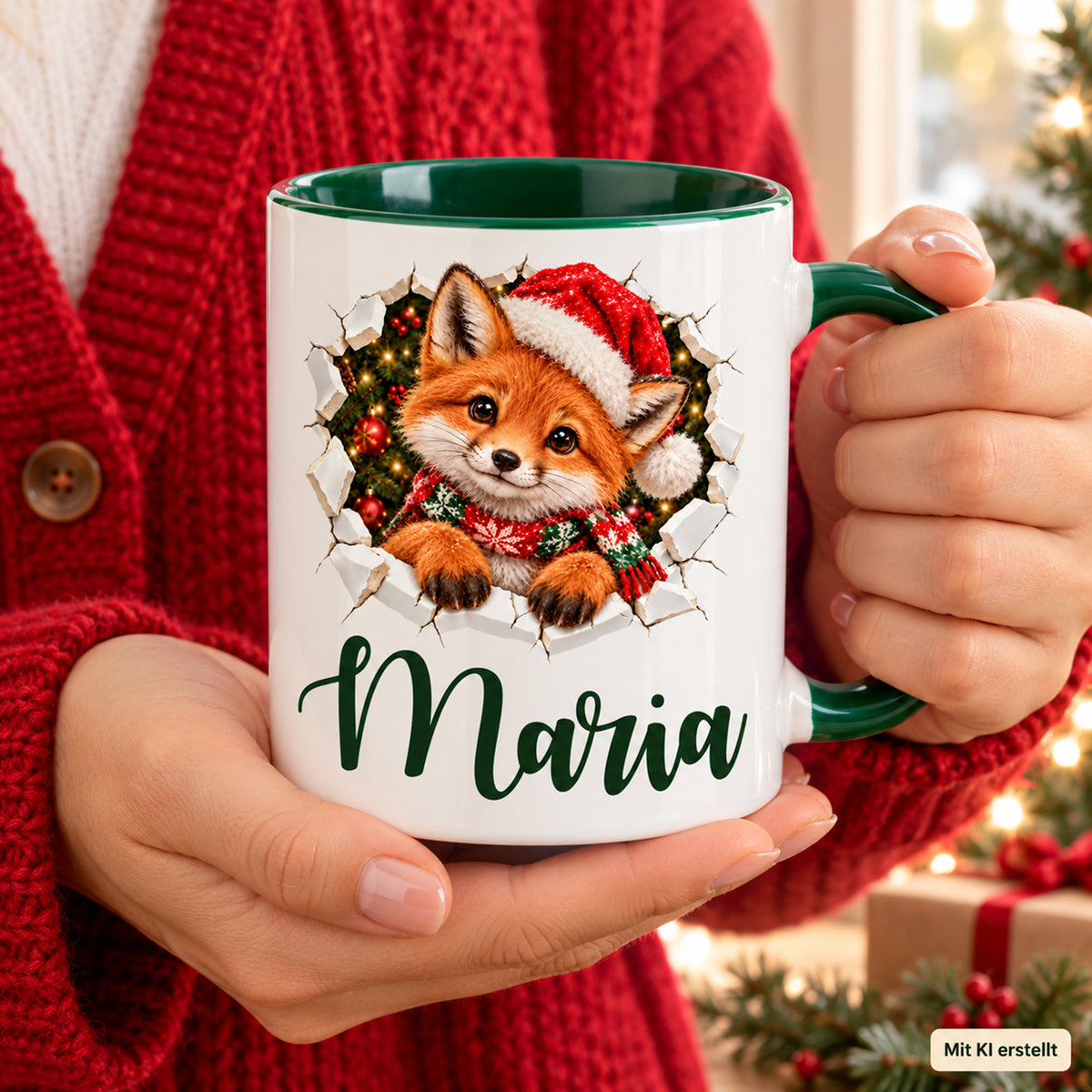 Hände halten die grüne Weihnachtstasse mit personalisiertem Fuchs-Motiv in gedruckter Bruch-Optik